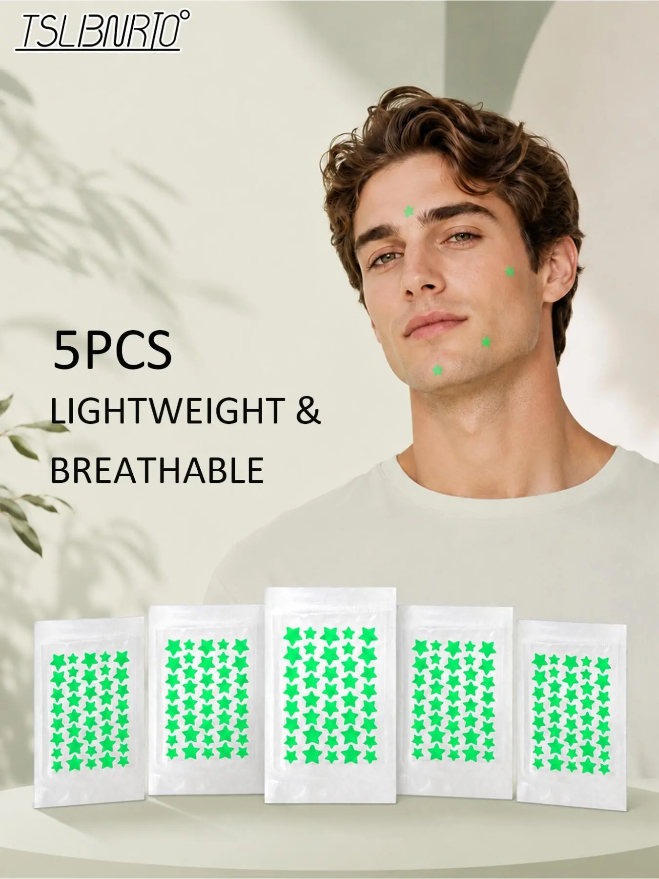 5PCS Green Star Concealer packed in 5 individual bags for separate use, full star patterns arranged densely, firmly attached without curling edges, perfect for creative facial decorations at music festivals and carnival parties