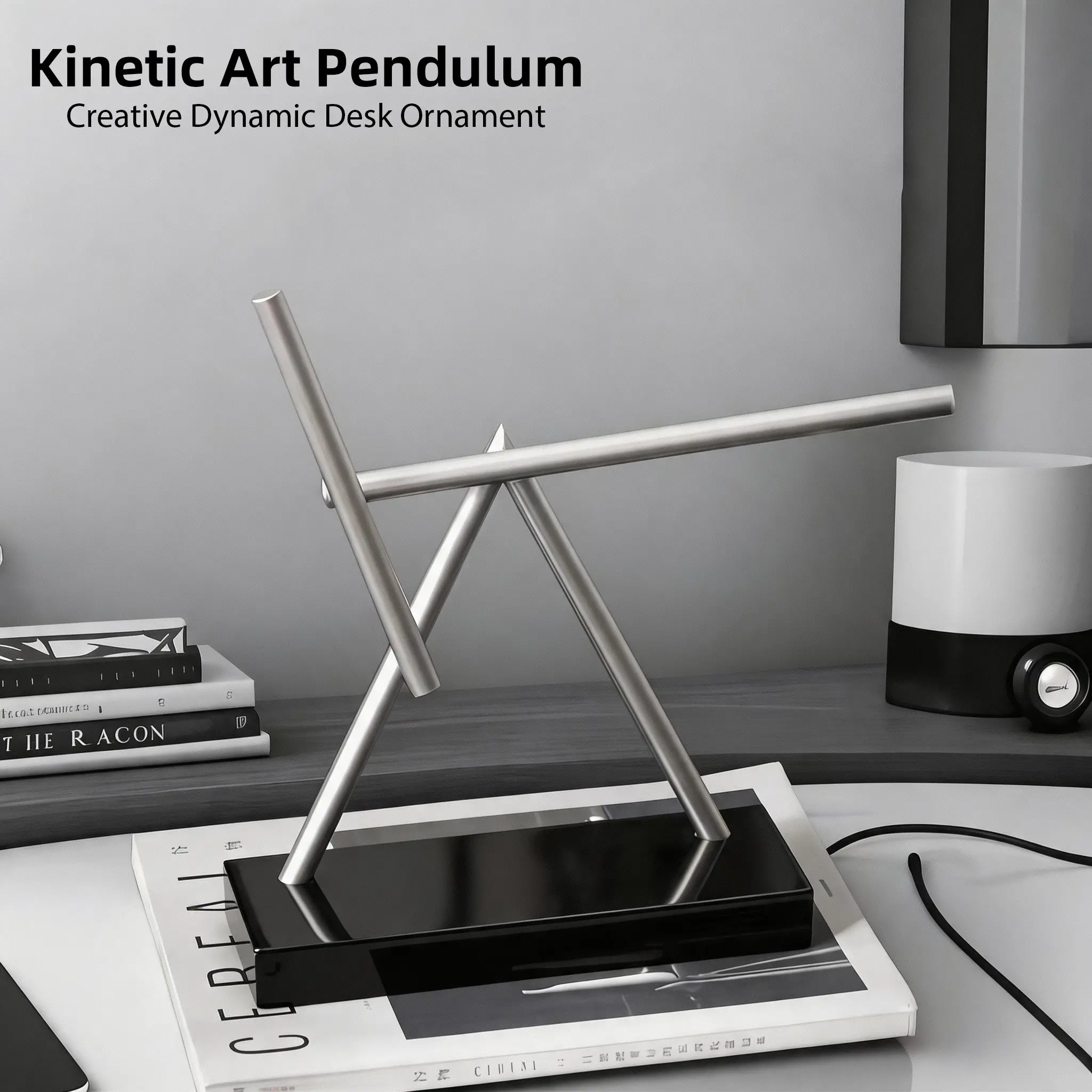 Metal Kinetic Sculpture Pendulum, Battery-Powered Silent Dynamic Desk Decor, Home Office Physics Fun Decoration, Home Decor Figurine, Unique Desktop Ornament
