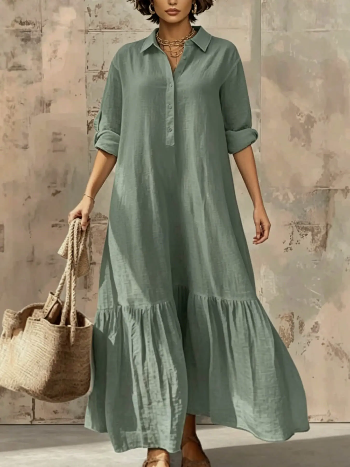 A women's fashionable, gentle, casual, lazy style solid color buttoned dress with a shirt collar twist button design, suitable for summer, daily commuting, beach travel, dates, picnics, etc.