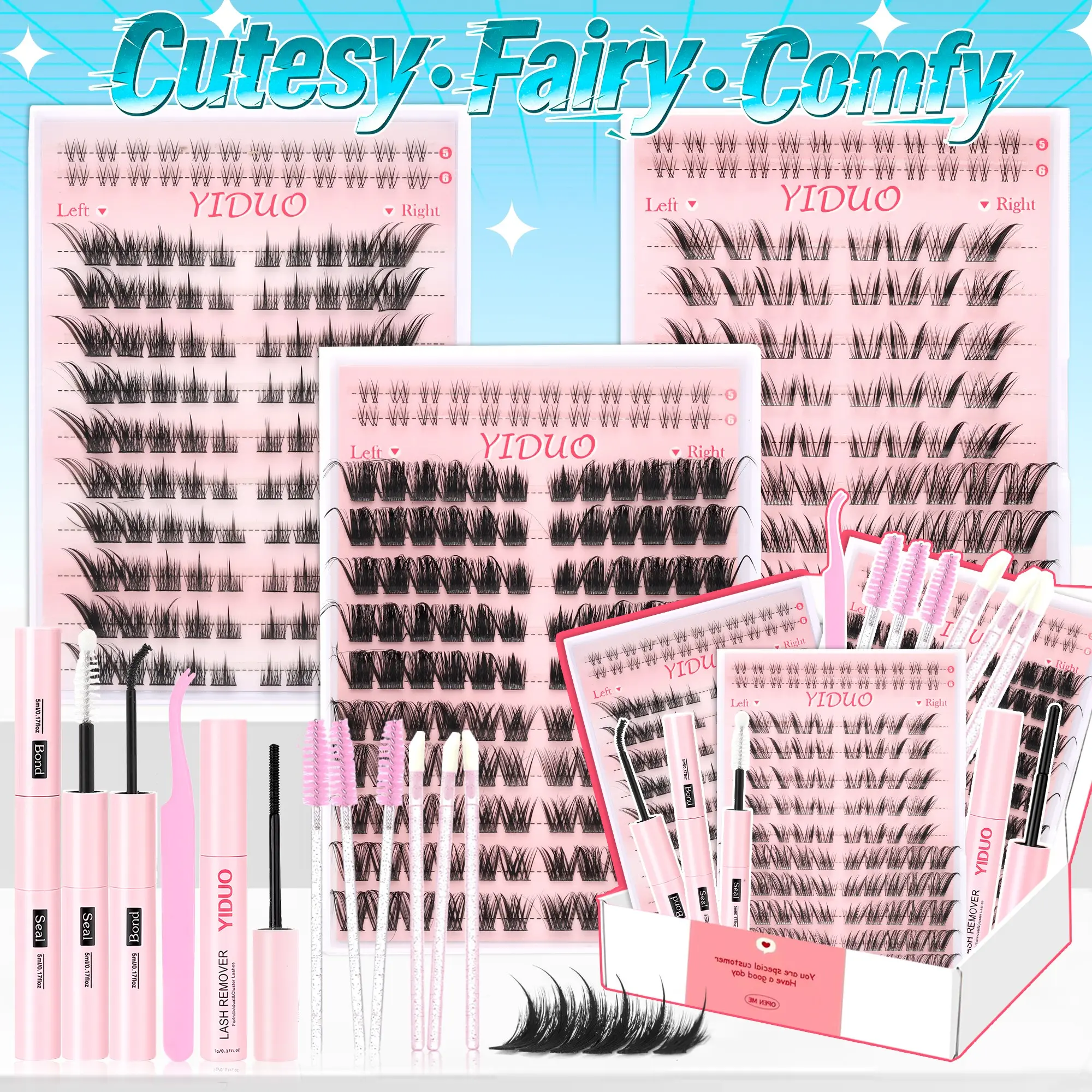 YIDUO Fox Eye Pre-Mapped Lash Cluster Set – 3 Styles (Spike/Wispy/Fairy), 382PCS C-Curl with Cotton Band. Complete Makeup Kit with Bond, Seal, Remover, Tweezers & Brushes for Easy DIY at Home.
