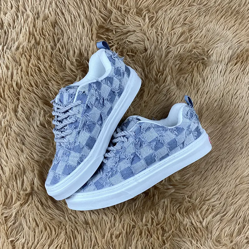Light Blue Checkered Distressed Fringe Denim Platform Sneakers for Men Women, Matching Light Gray Thick Twisted Rope Laces Y2K Grunge Low Top Casual Skate Board Shoes