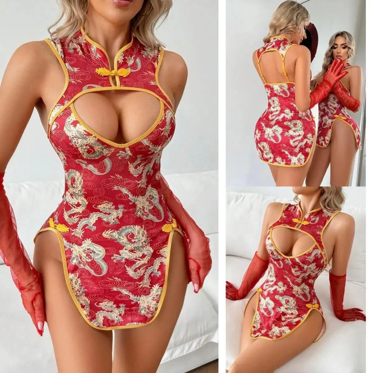 Women's Dragon Print Mini Dress, Sexy Qipao Inspired Bodycon Dress, Asian Cheongsam Style Sleeveless High Slit Club Dress, Y2K Party Outfit for Night Out, Festival, Rave, Vacation & Date Night sohochic