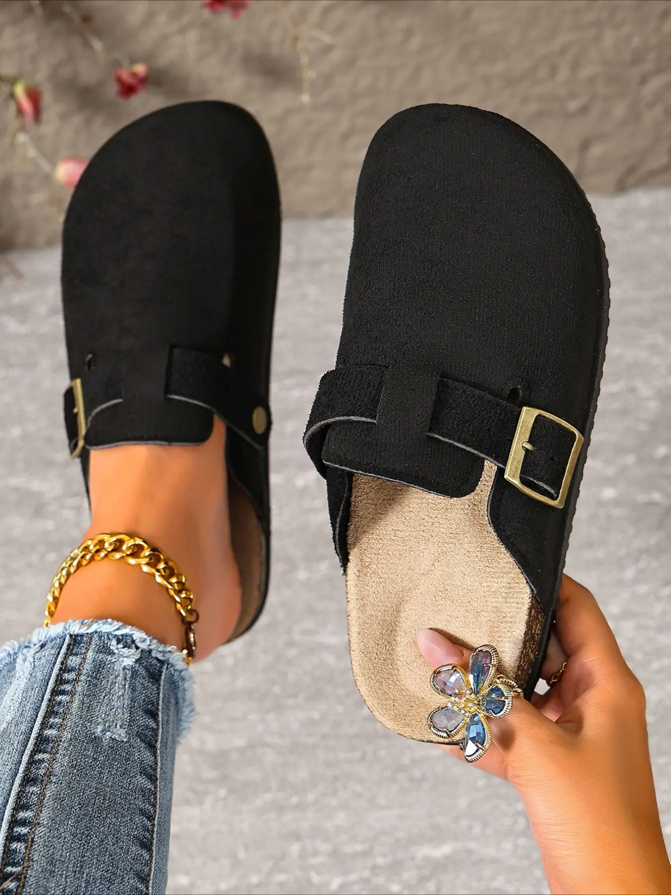 Closed toe birken mules with metal buckle, soft cork insole, three colors, lazy commuter slip-on casual women slide shoes Mule Flats