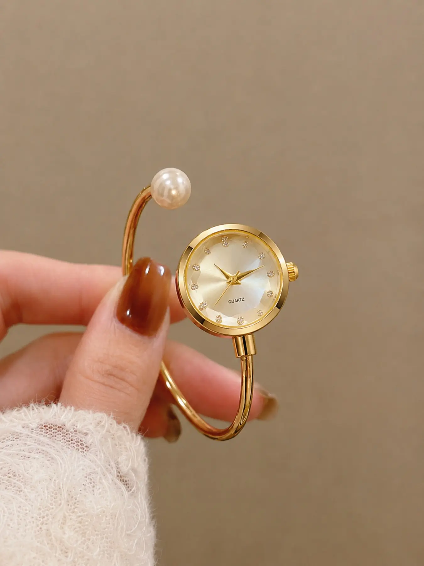 Pearl Open Bracelet Watch, Six Colors Available, Elegant Quartz Watch with Diamond Accents, Casual Style for Daily Wear, Analog Watches