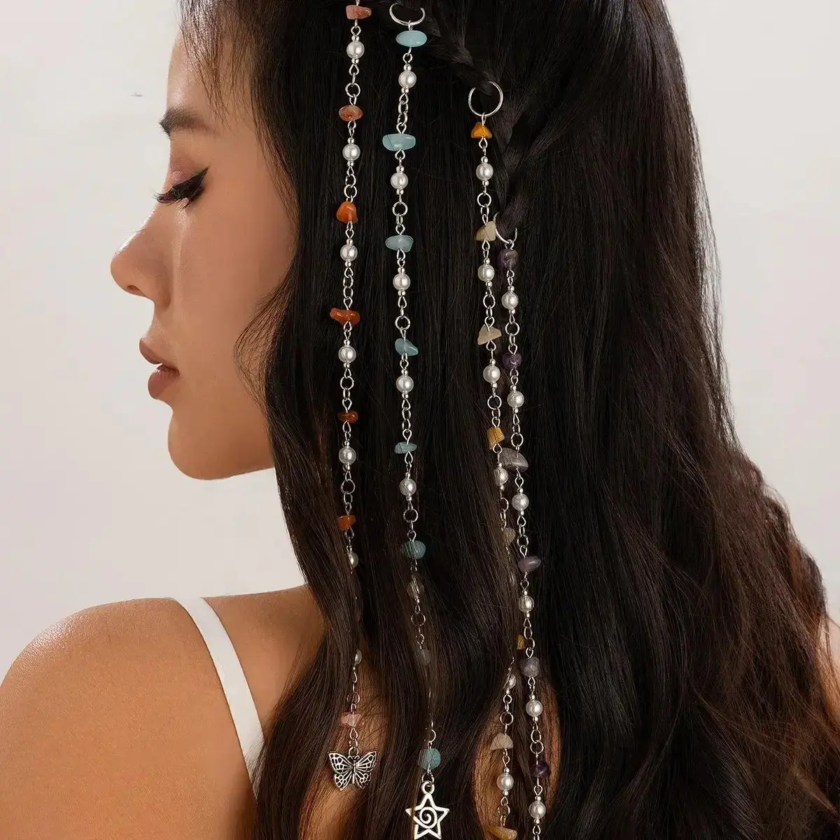 Boho Natural Stone Hair Chains, Butterfly Star Charms Crystal Tassels, Unique Dreadlock Accessories for Festival & Beach Vacation