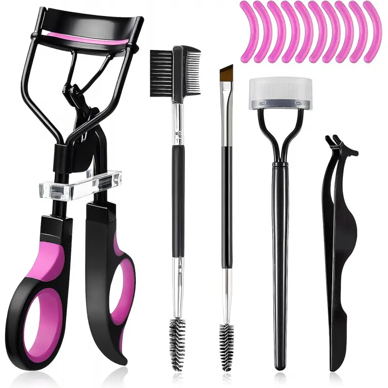 Eyelash Curler Kit, Beauty Eyelash Comb with 10 Silicone Refill Pads, Universal Lash Curler Makeup Tool for Women and Girls, Violet Black