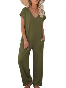 Trendy Summer Fashion Short Sleeve Romper | Casual Solid V-Neck Jumpsuit with Oversized Pockets | Loose Comfortable Lounge Wear