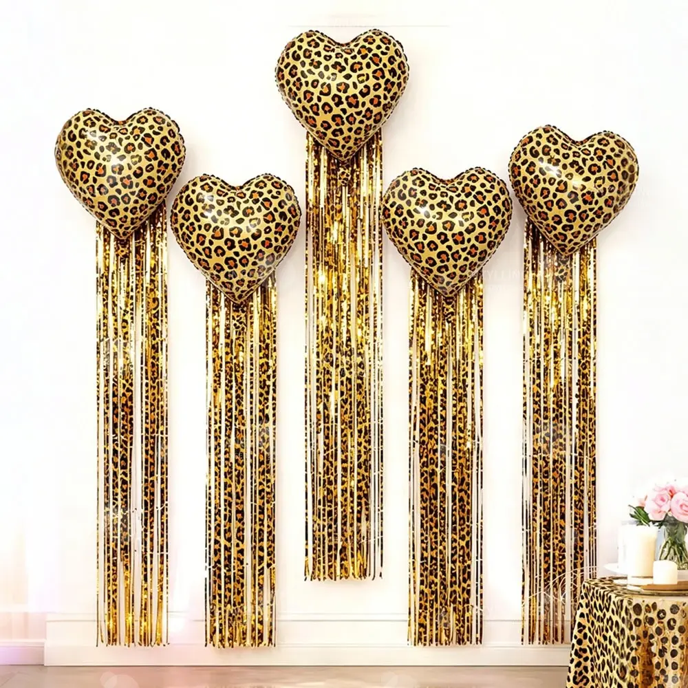 6-Piece Leopard Print Heart Balloons and Rain Curtain Set, Perfect for Birthday Parties, Family Anniversaries, Engagement/wedding Celebrations