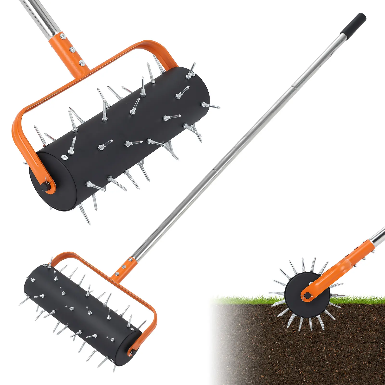Heavy Duty Rolling Lawn Aerator Roller - 18'' Manual Soil Aeration Tool with 52 Spikes, 67'' Adjustable Handle, Efficient Lawn Care for Garden, Yard, Patio - Body Black with Orange