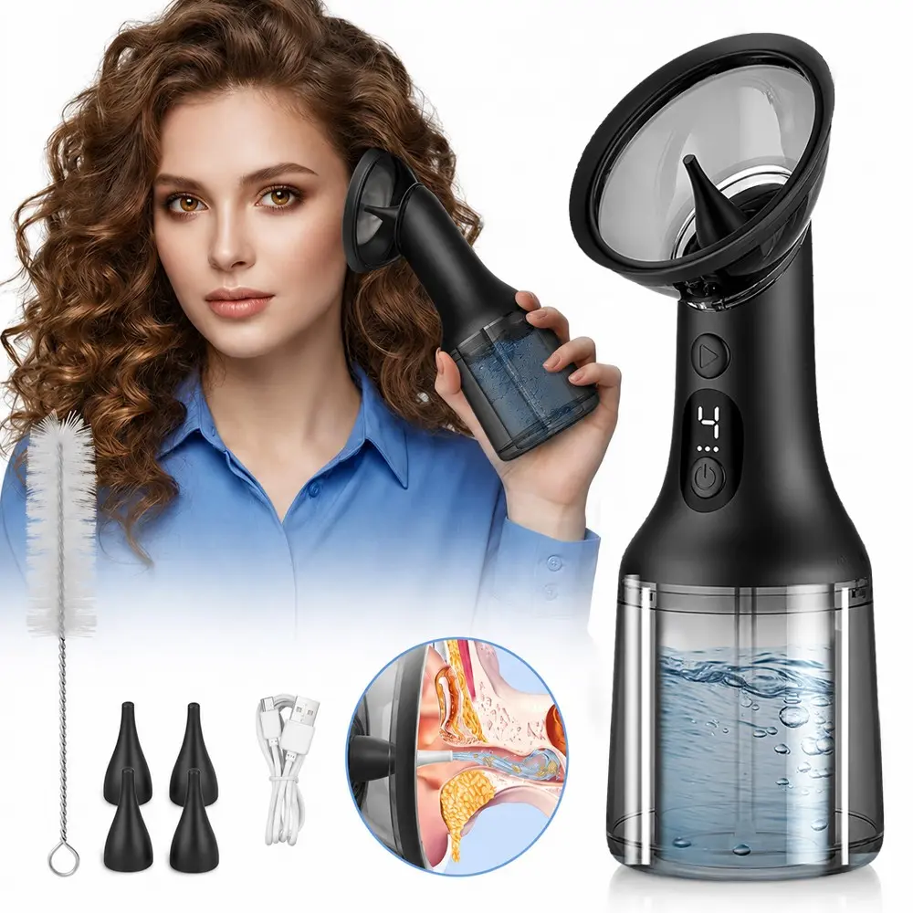 Professional Electric Ear Wax Removal System, 4-Mode Cleaning Kit, USB Charging, 4 Pcs Reusable Nozzles, 10 Pcs Cotton Swabs, 1 Pc Bottle Cleaning Brush, 200ML Large Storage Tank, Black