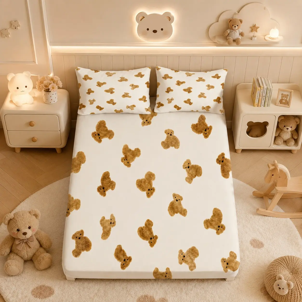 3 Pieces Fitted Sheet Set, Minimalist Cute Watercolor Teddy Bear Pattern Printed Bedding with Cream Base, Soft Microfiber Digital Print Deep Pocket Fitted Bed Sheet, Includes 1 Fitted Sheet + 2 Pillowcases, No Inserts, Ideal Gift Choice