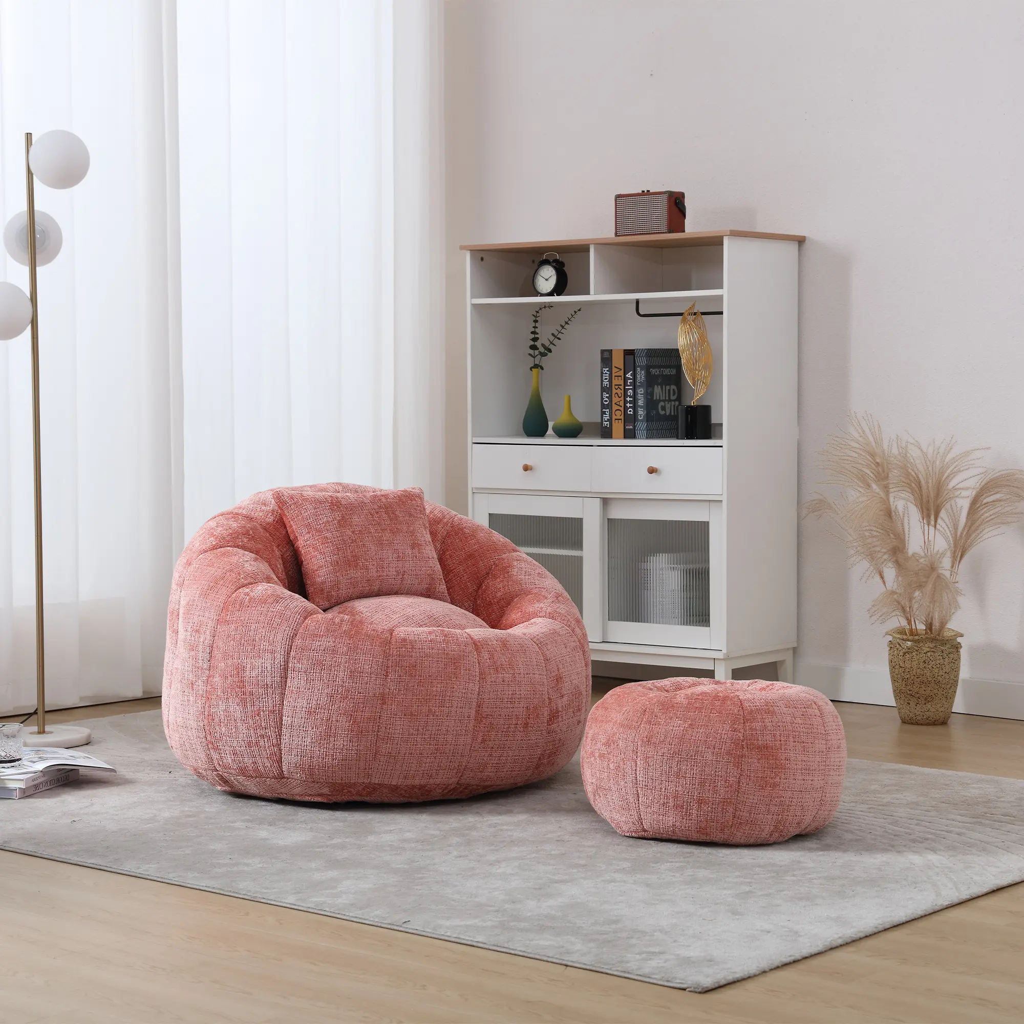 ARCH Modern Chenille Pumpkin-Shape Bean Bag Chair with Ottoman & Pillow, Foam-Filled Lazy Sofa for Adults, 300lb Capacity, No Assembly, Pink, for Living Room, Apartment Decor Ideas, Studio Apartment Setup