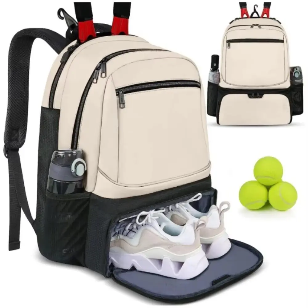 Large Capacity Tennis Sports Backpack, Holds 1-2 Rackets, Outdoor Badminton Bag with Separate Shoe Compartment, and Options