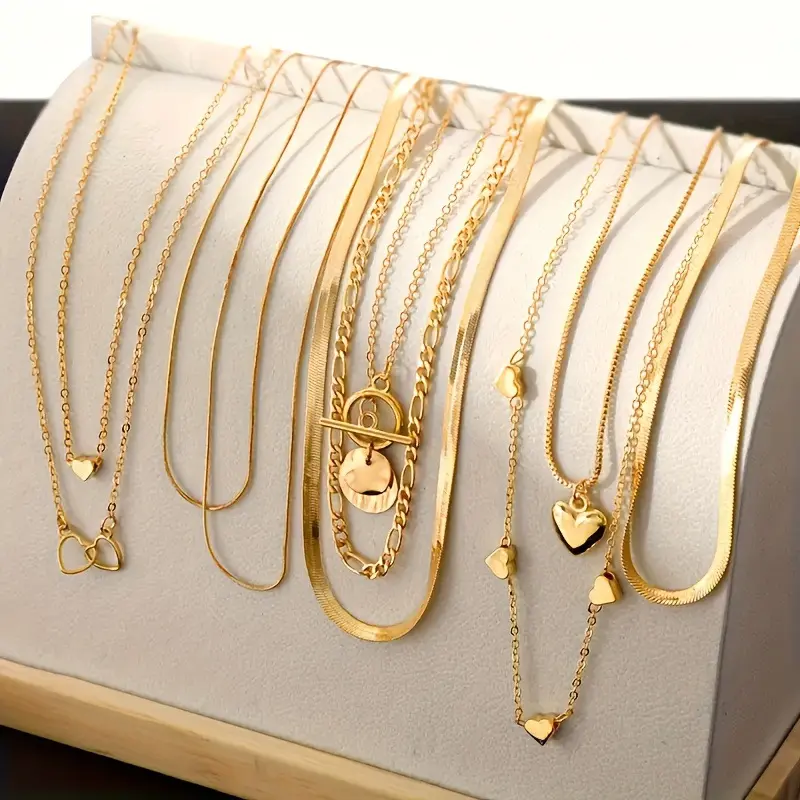 10-Piece Boho Stackable Necklace Set for Women, Dainty Golden Zinc Alloy Layers with Snake Chain & Heart Pendants, Casual Daily, Dainty Look, Stackable Set