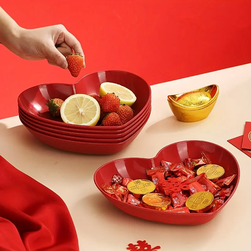 Plastic heart-shaped serving tray set - Red love-themed fruit, snack and candy tray, suitable for Valentine's Day, weddings, banquets and special occasions
