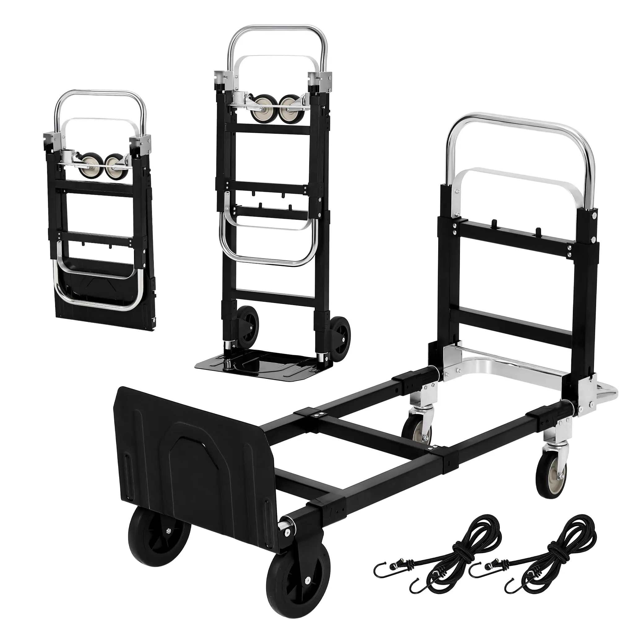 GARVEE 2 in 1 Convertible Hand Truck Dolly with 660lbs Load Capacity, Folding Cart with Wheels, Elastic Straps, Carbon Steel Collapsible Dolly for Home, Warehouse, Supermarket, Office Use