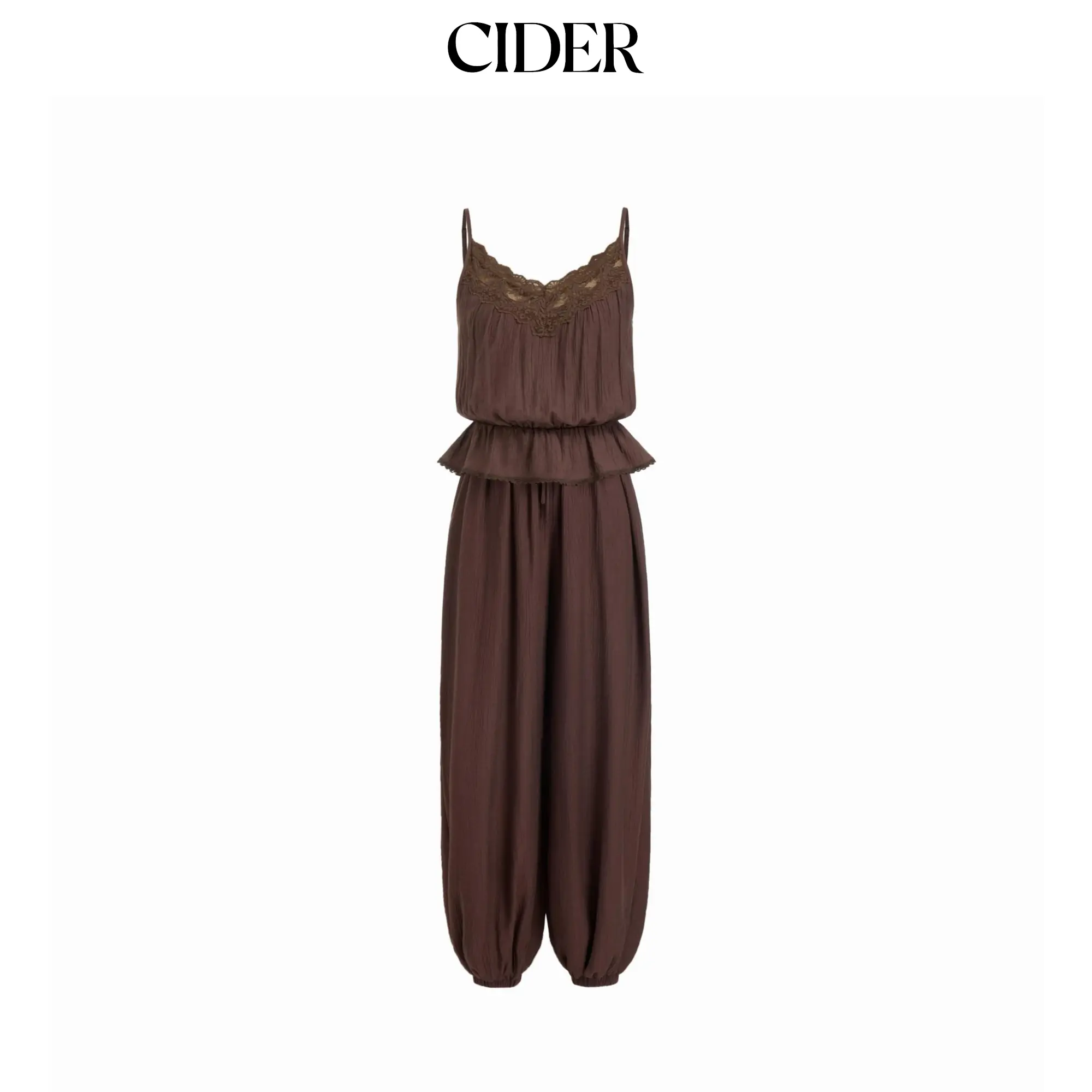 Cider Textured V-neck Lace Trim Peplum Hem High Rise Barrel-leg Jumpsuit