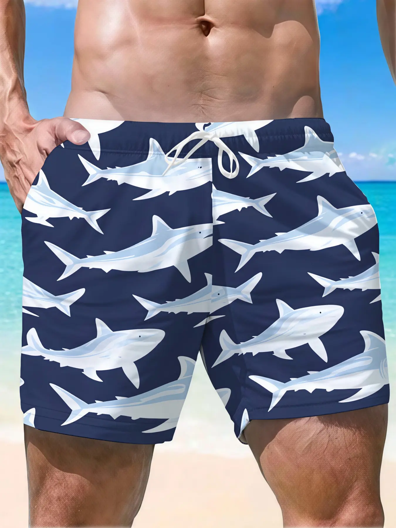 Men Marine Style Board Shorts, Deep Navy Base Decorated With Scattered Light-toned Cartoon Shark Prints In Varied Swimming Postures, White Drawstring Waist, Sporty Ocean-inspired Beach Shorts