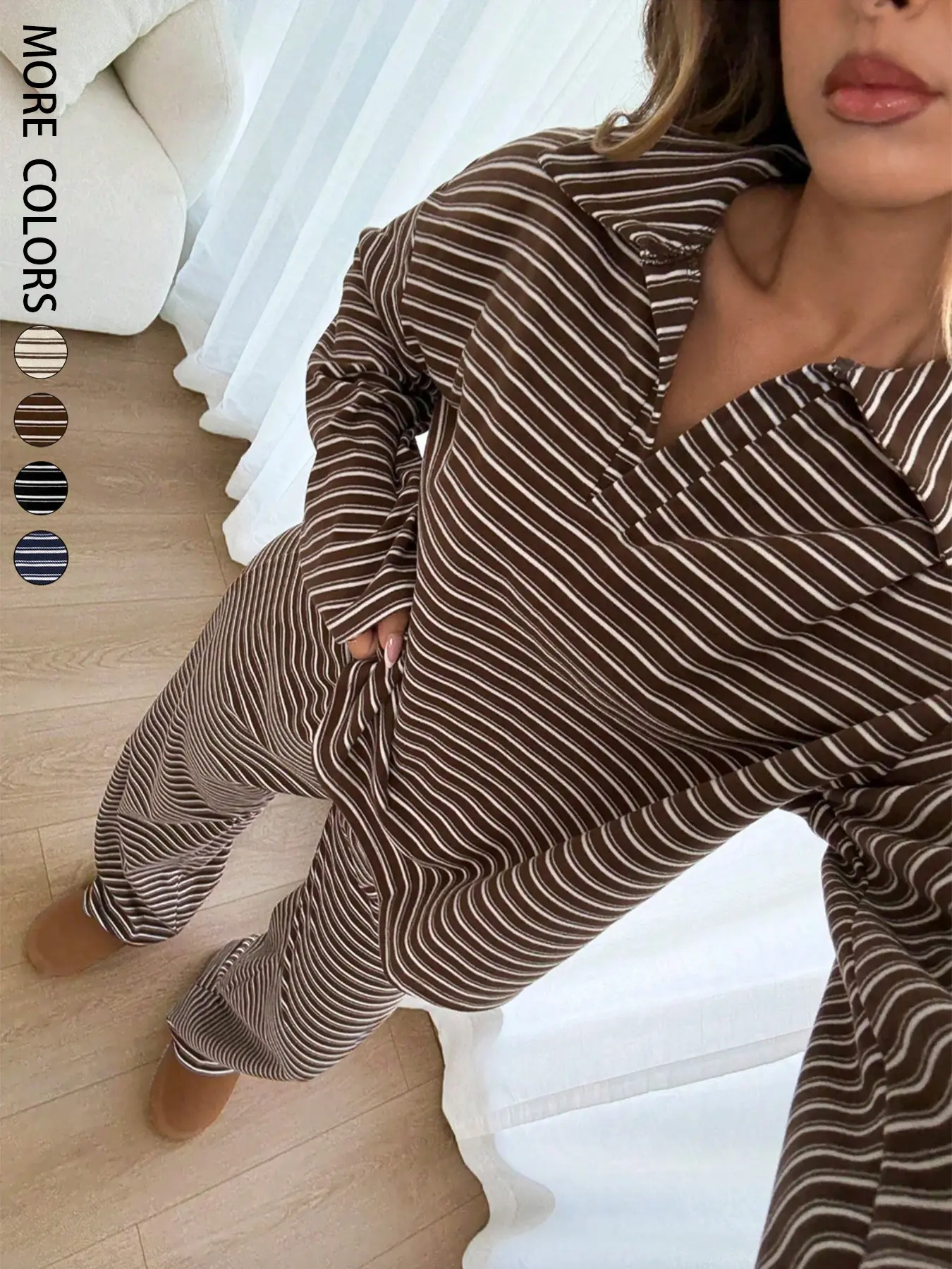 Women's 2pcs Set Loose Striped V-Neck Drop Shoulder Long Sleeve T-Shirt &Elastic Waist Striped Pants, Brown, Casual Sets For Women, Pajamas Set, Casual Sets For Women Brown Two Piece Set Women