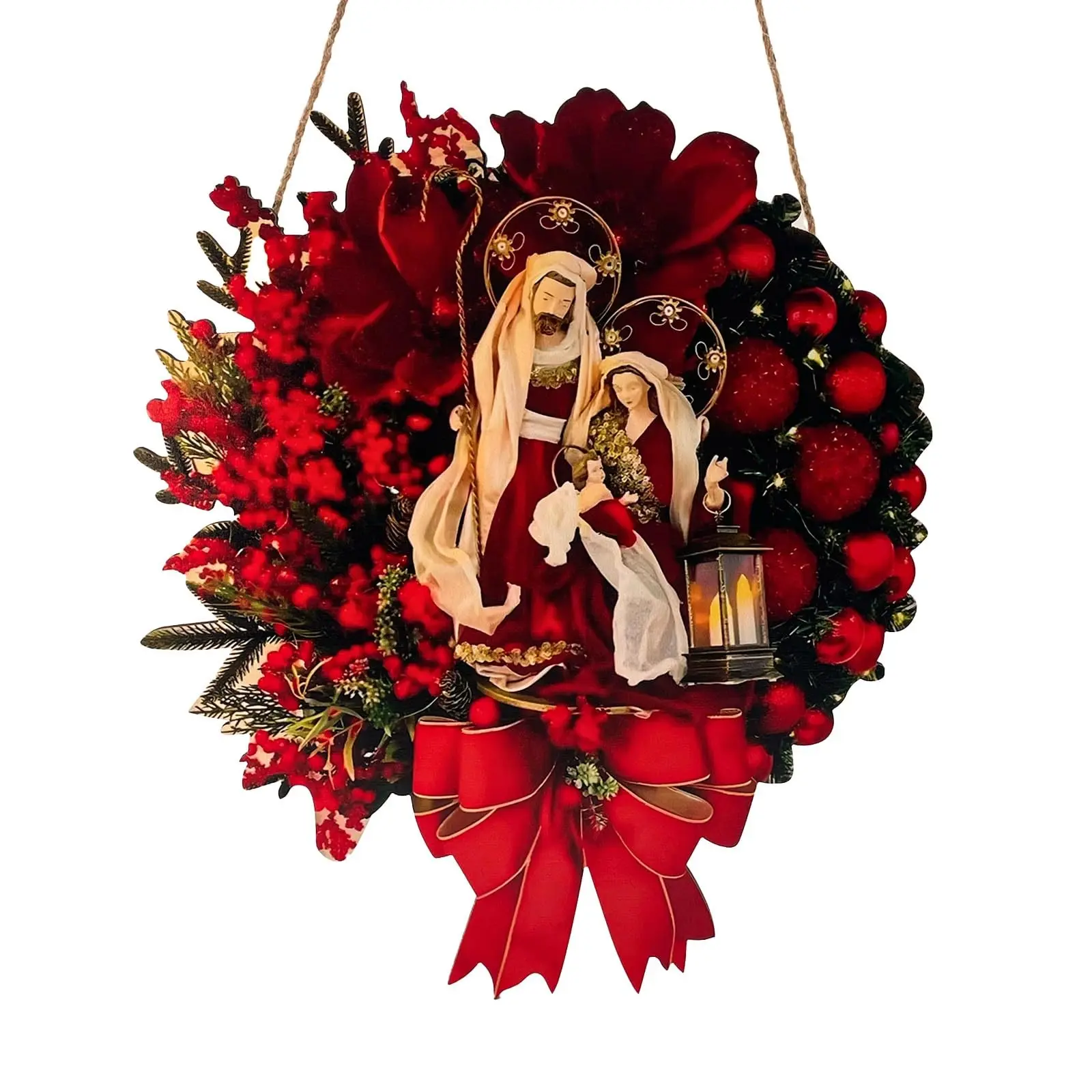 Large Christmas Wreath with Lights, Jesus Birth Scene Decor, Indoor Outdoor Wall Hanging, Winter Autumn Berry Window Wreath