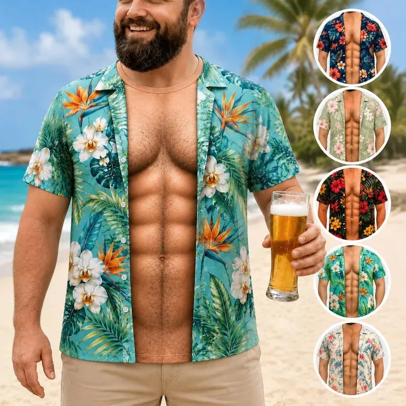 Funny Muscle T Shirt for Men, Hawaiian Shirt Illusion Tee, Personalized 3D Fake Open Shirt, Too Hot To Handle Summer Vacation Gift