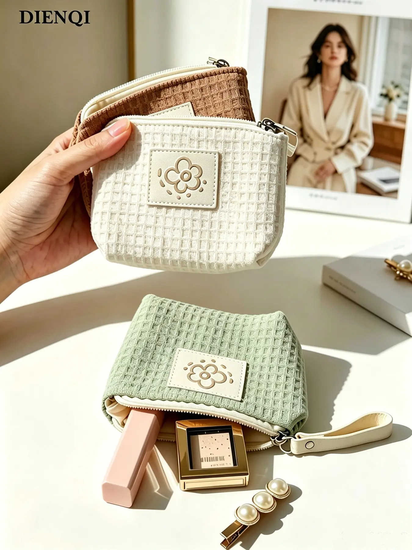 Cute Sunflower Weave Mini Zipper Pouch, Floral Patch Small Cosmetic Bag, Portable Coin Purse for Lipstick, Cards & Keys, Soft Cotton Travel Organizer, Travel Essentials Makeup Pouch