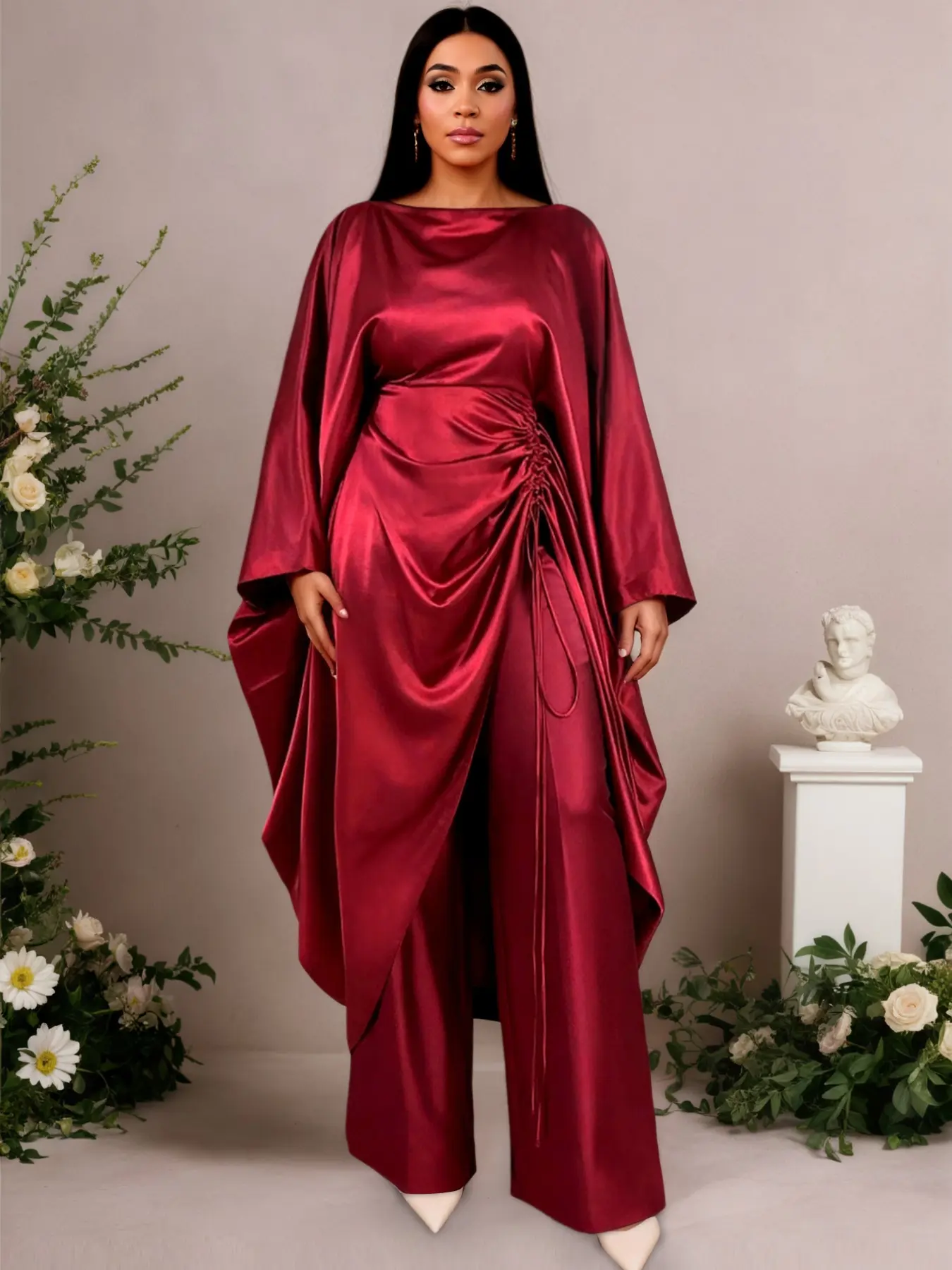 Women African Satin Two Piece Set Boat Neck Batwing Sleeve Ruched Cape Top High Waist Wide Leg Pants Party Church Dinner Spring Summer Outfit Baggy