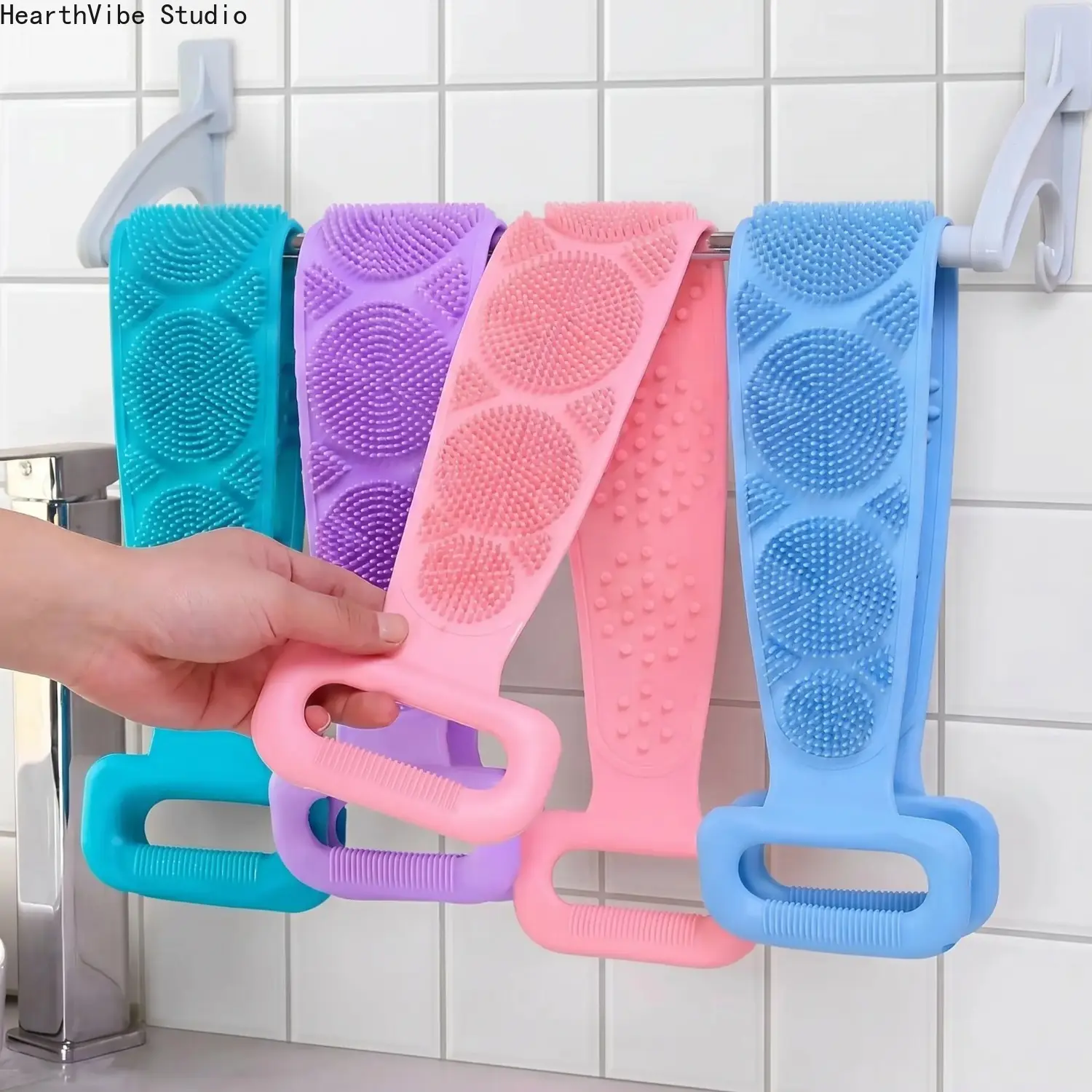 Silicone Back Scrubber with Long Handles, Double-Sided Exfoliating and Massaging Body Brush for Shower, Suitable for All Skin Types, Cleaning, Strap, Bath, Personal, Accessories, Beauty Products, Body Care, Radiant Skin, Food-Safe, Easy Grasp