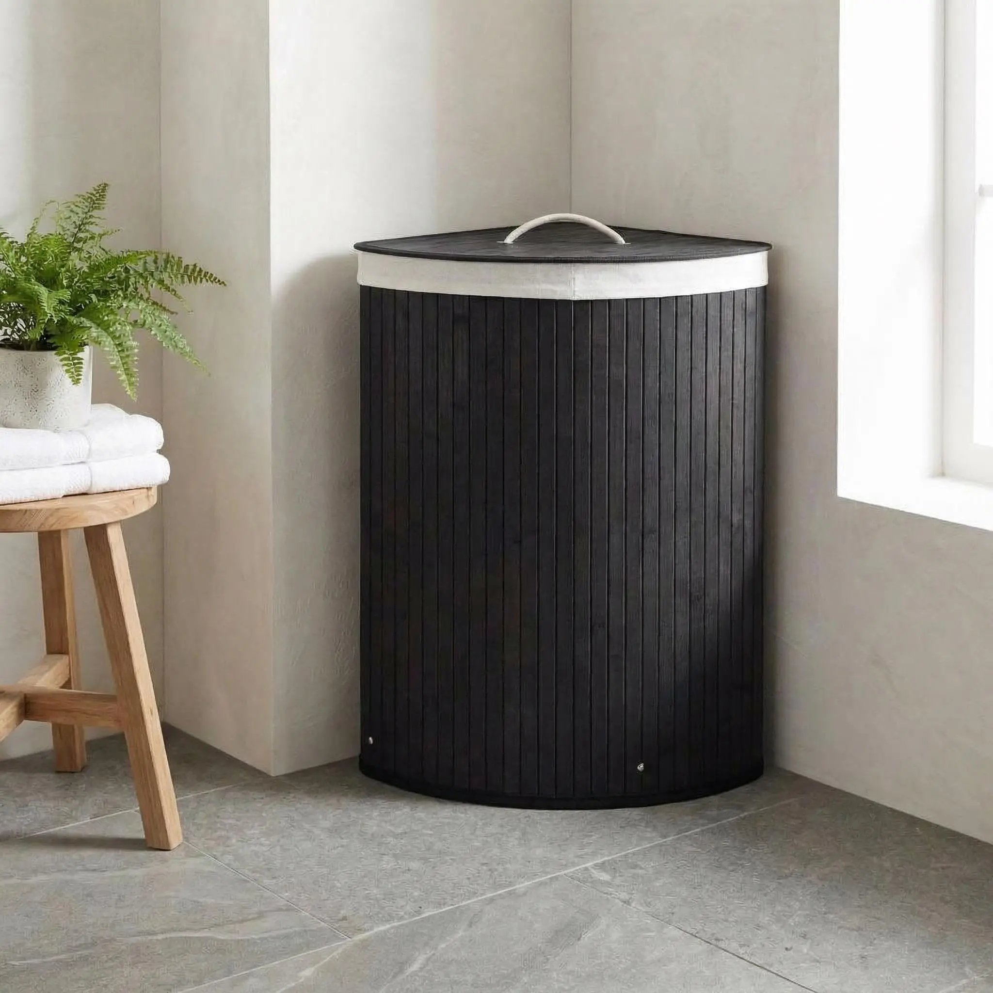 Space-Saving Corner Bamboo Laundry Hamper with Lid – 58L Large Collapsible Wicker Clothes Basket – Washable Removable Liner Bag & Handles – Wooden Storage for Bedroom, Bathroom, Apartment, Laundry Room