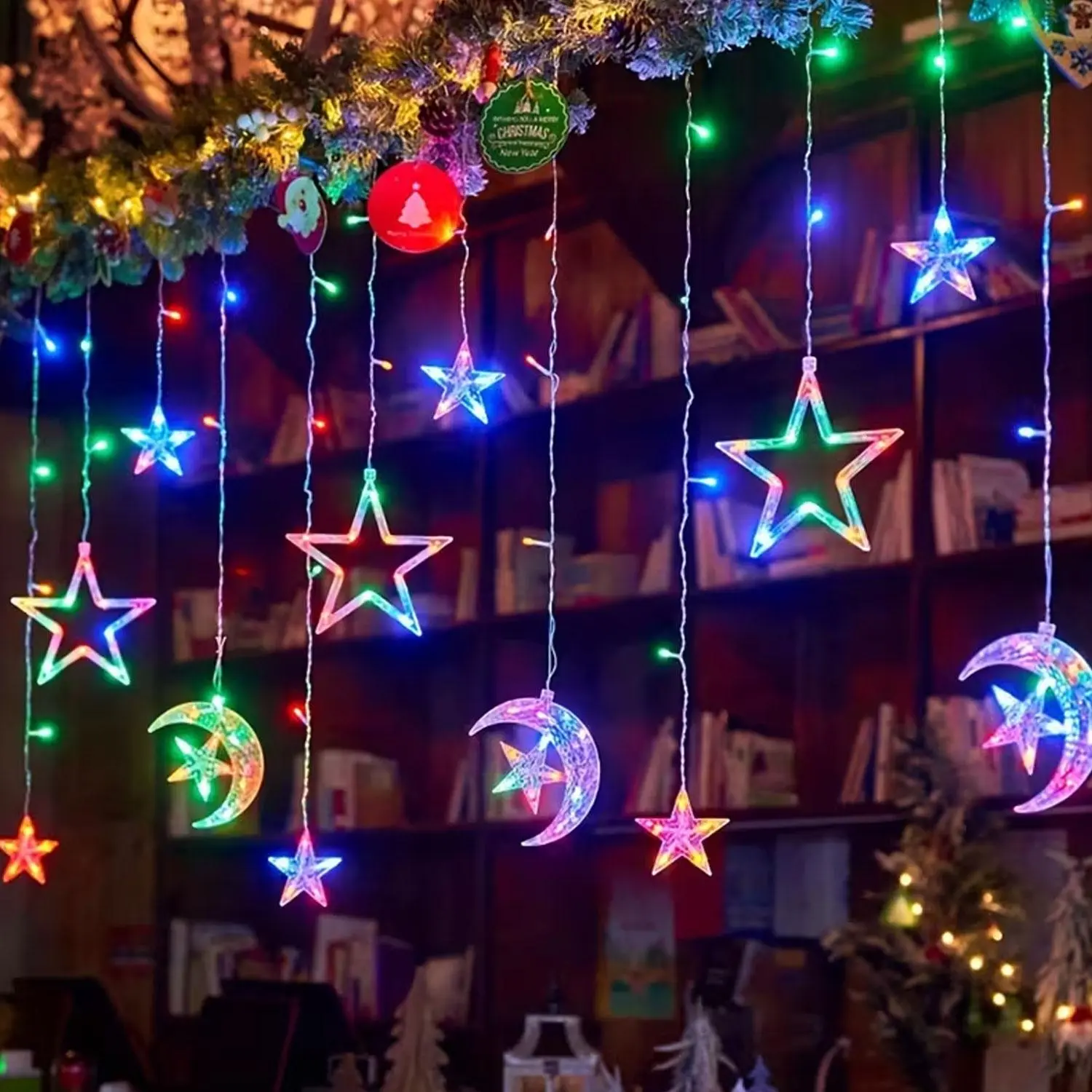 1 piece of warm light/colorful light Moon Embracing Stars series fairy LED curtain light, 3M length adjustable mode of star moon, Ramadan, Eid al-Fitr, wedding, Valentine's Day, party, home flash, romantic fairy tale, fashionable fairy tale string light