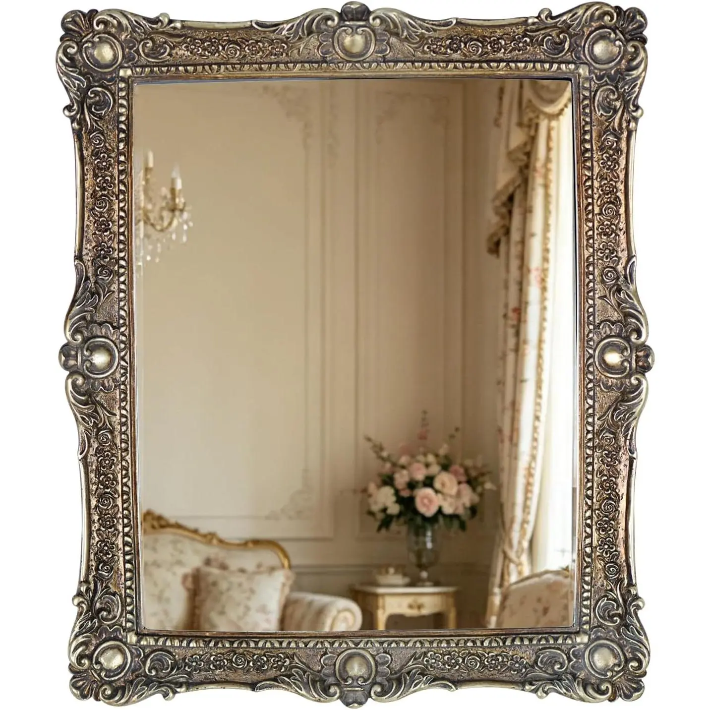 Ornate Baroque Style Decorative Wall Mirror - 10x12 inch Antique Synthetic Mirror, Freestanding or Wall Mount, Suitable for Makeup Use