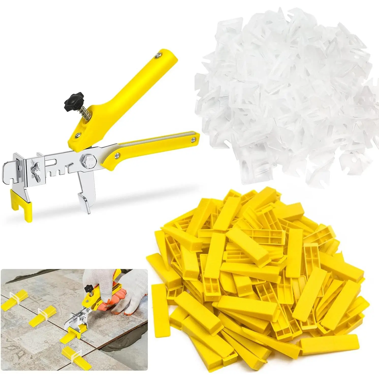 Tile Leveling System 1/8"Kit, 600pcs Tile Leveler Spacers Clips+200pcs Reusable Wedges+1pc Tile Pliers for Wall/Tile Adjustment, Tile Leveler Tool Set for Tiltone Installation(1/8",Yellow)