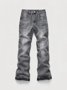 Men's Micro Flare Jeans, Loose-Fitting Button Fly Denim, Solid Color Y2K Streetwear Style, All-Season Wear, Washed Fabric, Patchwork Design
