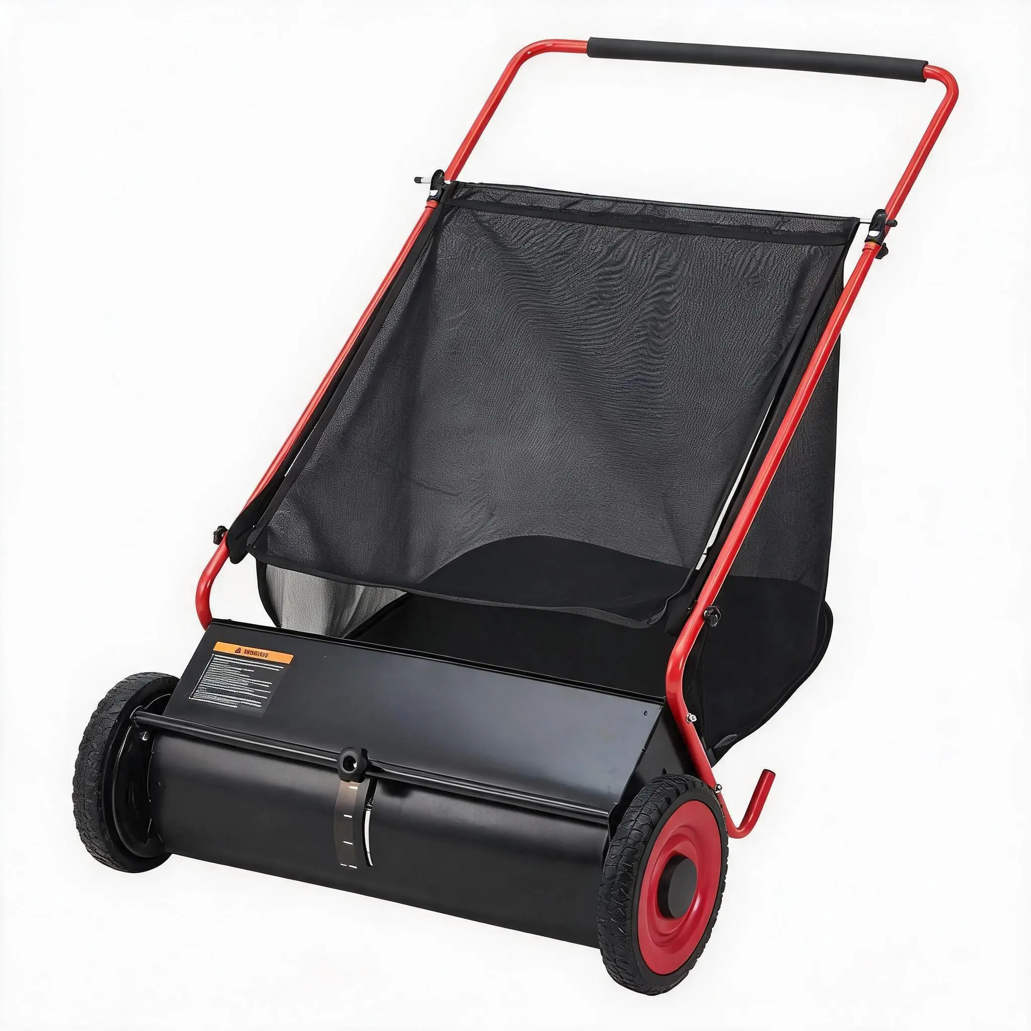 Efficient Yard Cleanup Push Lawn Sweeper – 26-Inch Leaf & Grass Collector, 7 Cu. ft. Rider, 4 Spinning Brushes, Durable Steel Frame, Adjustable Height, Rubber Tires – Ideal for Lawns, Artificial Turf, and Gardens, Red + Black