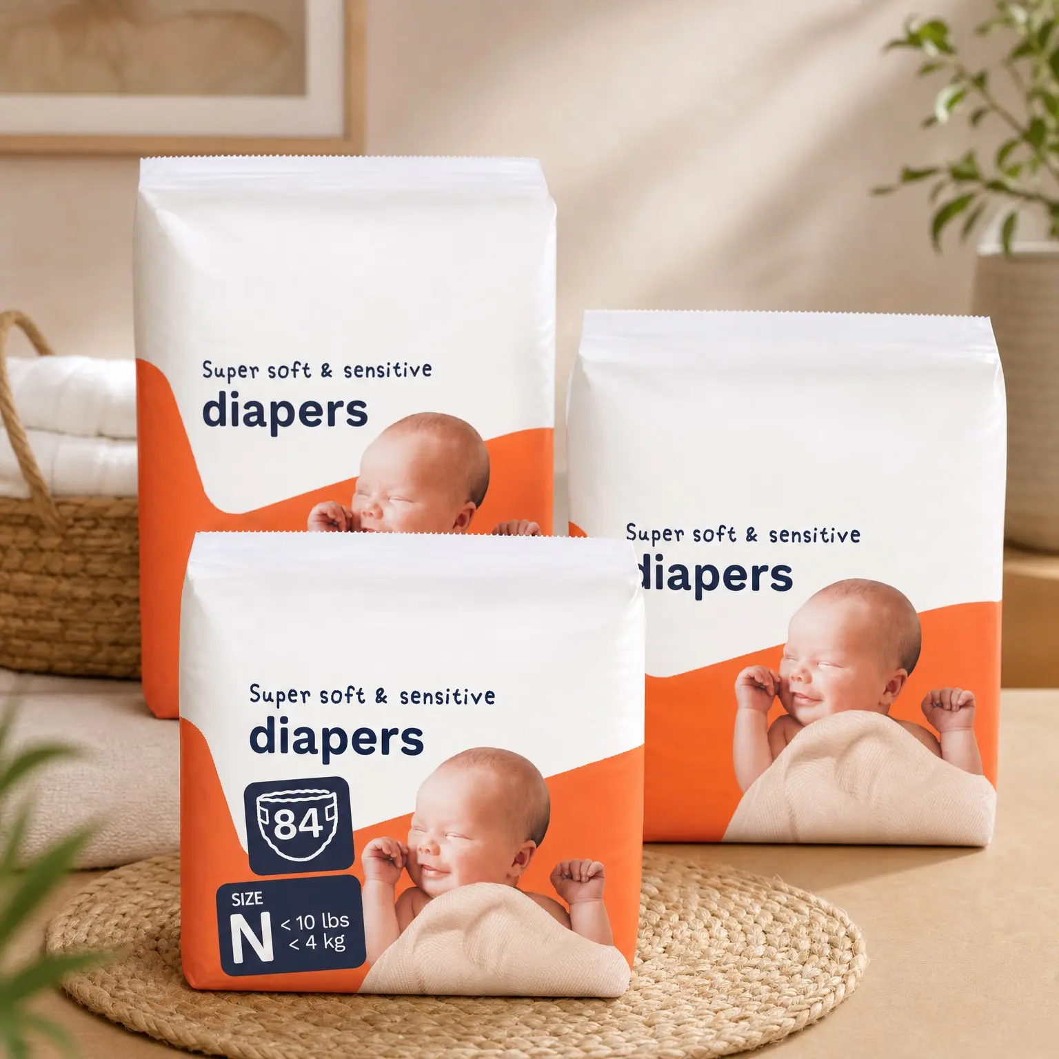 Newborn Baby Diapers Size N (Up to 10 lbs), 3 Pack (84 Hypoallergenic Diapers), Totally Chlorine Free (TCF), Disposable Diapers for Sensitive Skin, Blowout Protection & Wetness Indicator(Gift)