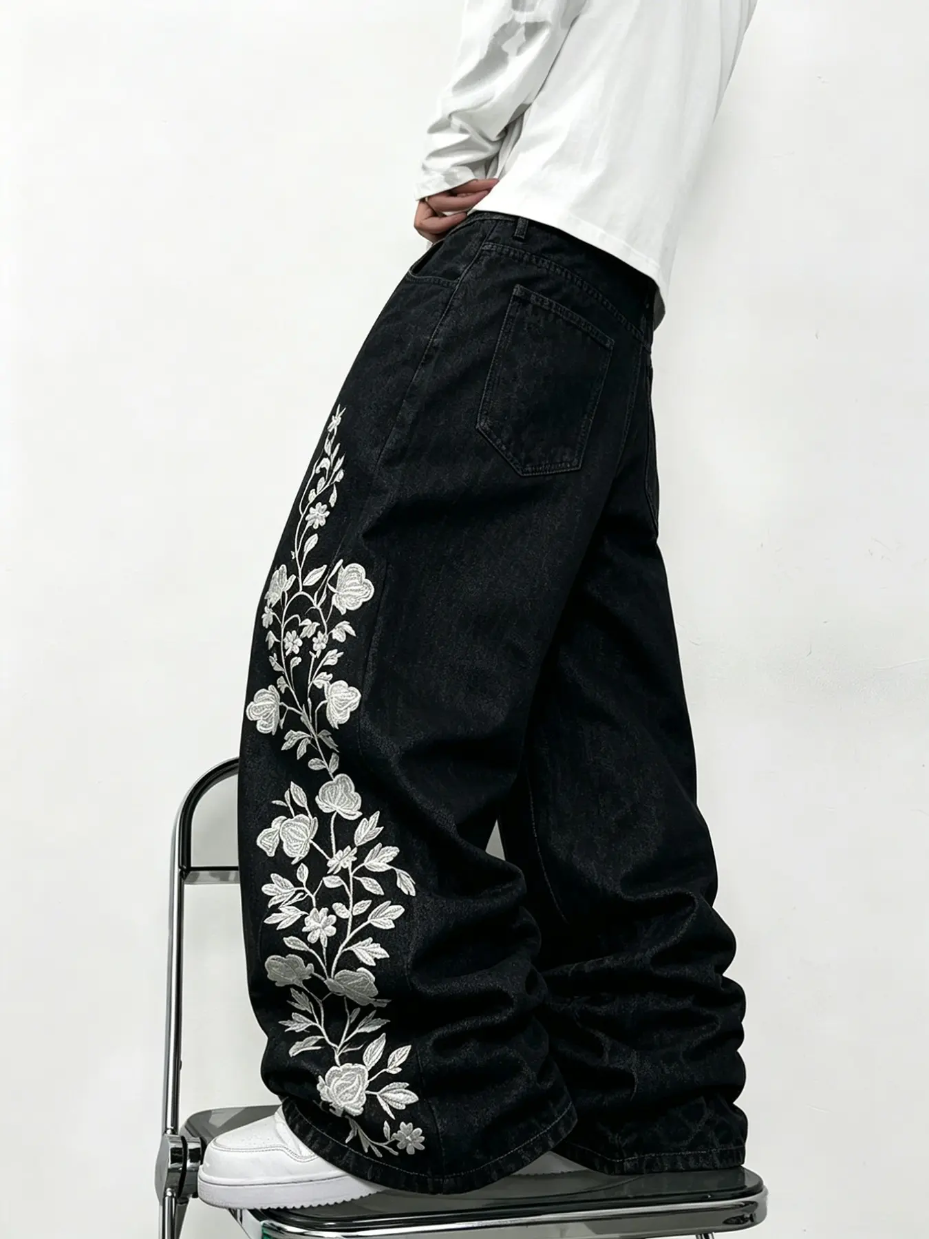 Men's Denim Jeans, Embroidered Denim Jeans, Heavy Floral Embroidery Straight Leg Wide Leg Jeans, Y2K Street Fashion Loose Fit Oversized Baggy, All Seasons, Casual & Streetwear