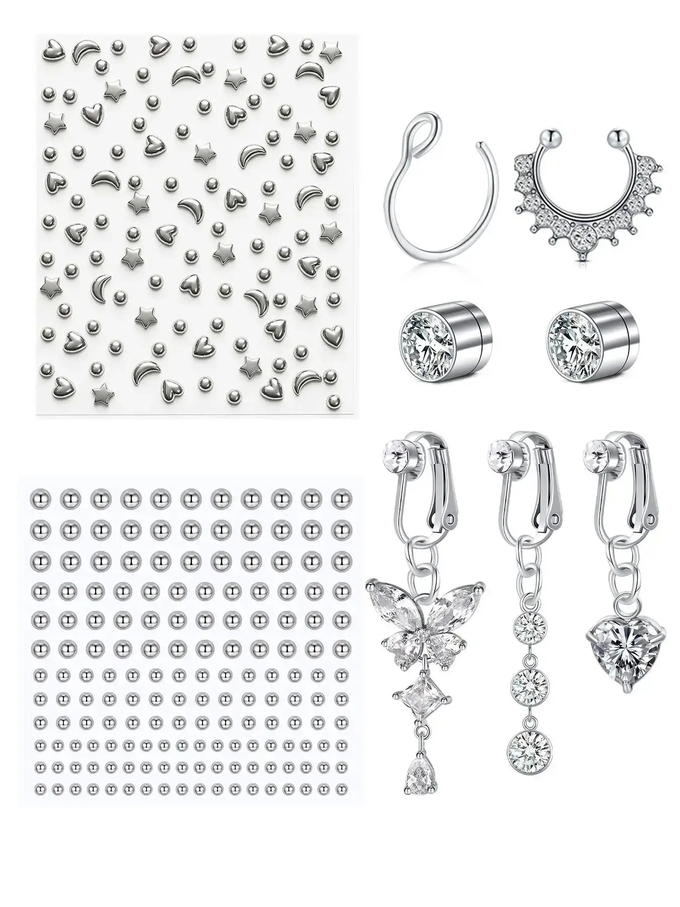 Fashionable Fake Piercing Jewelry for Women,Y2K Artificial Zircon Belly Ring Set, Nose Piercing Kit, Fake Nose Ring, Magnetic Nose Stud, Fake Belly Button Ring, Stick on Jewelry, Fake Nose Studs