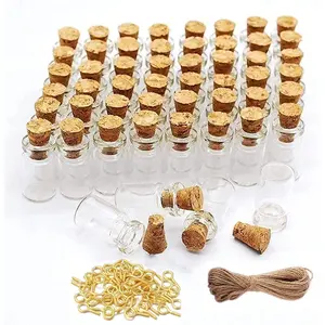 100 Pcs 0.5ml Mini Small Glass Bottles with Cork Stoppers 20 Meters Twines Tiny Jars Clear Mini Glass Vials with Eye Screws Corked Bottle DIY Arts Crafts Projects Decoration Party Favors Gifts