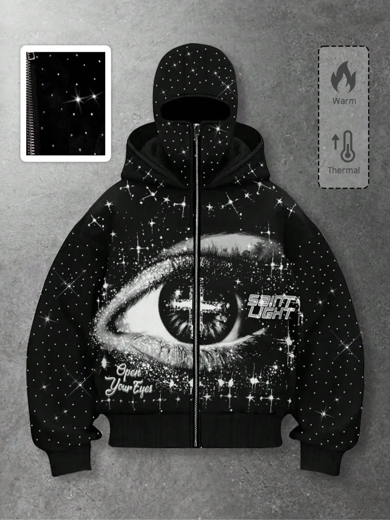 Y2K Street Retro Starry Sky Rhinestone Eye Zipper Sweatshirt, Black Full Rhinestone Fleece Lined Men's Jacket, Unisex Sweatshirt, Loose Fit Oversized Hooded Cardigan, Fleece Lined Warm Men's Sweatshirt, Autumn and Winter Casual Outing Top