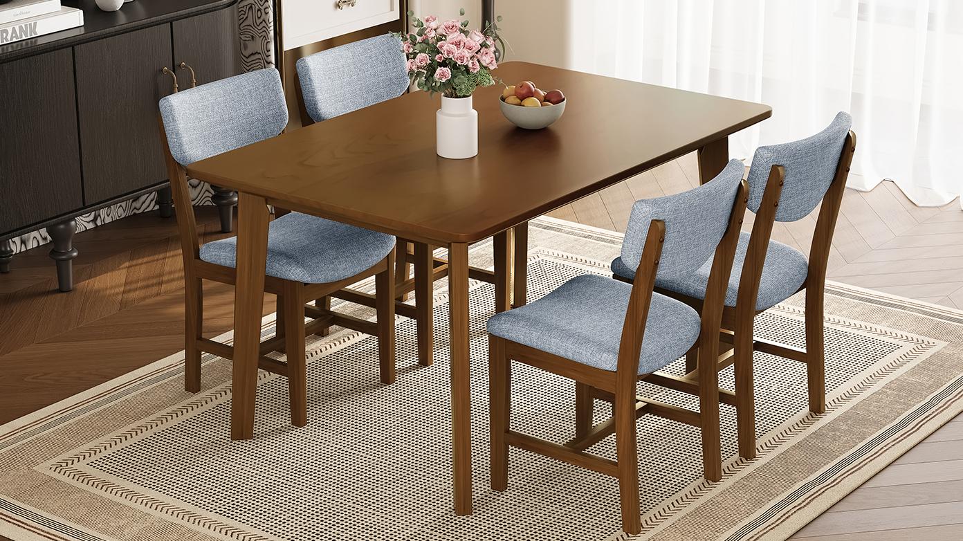 Rustic 5-Piece Dining Table Set 1 Solid Wood Table with 4 Upholstered Chairs, Farmhouse-Style Dining Furniture for Kitchen & Dining Room, Minimalist Dining Set for 4