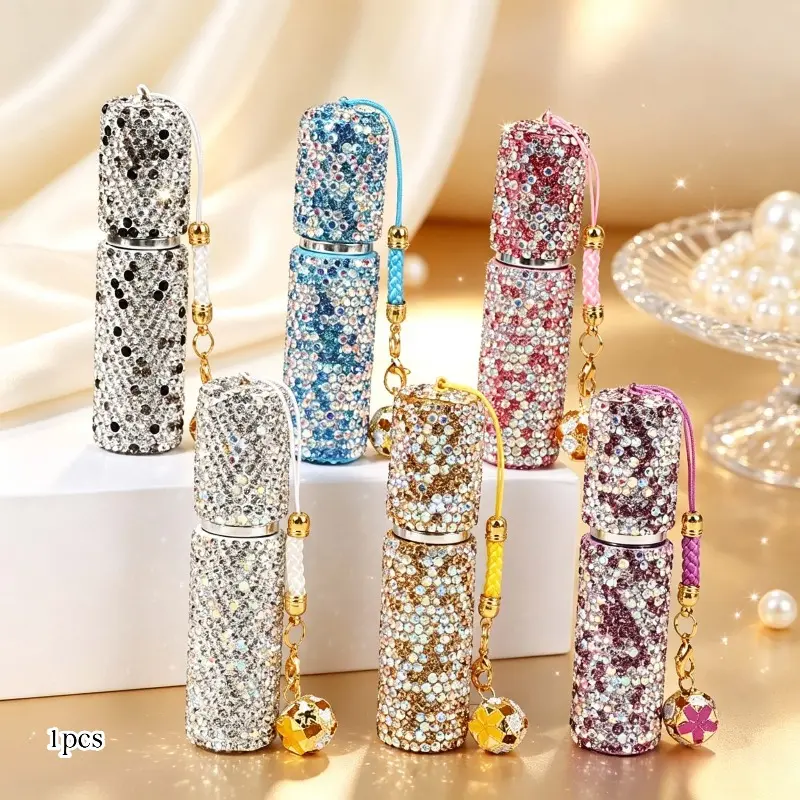 5ml Rhinestone Decorated Perfume Refillable Bottle, Press Spray Glass Mini Portable Travel Makeup Sample Container, Luxury Diamond-studded Leakproof Empty Bottle