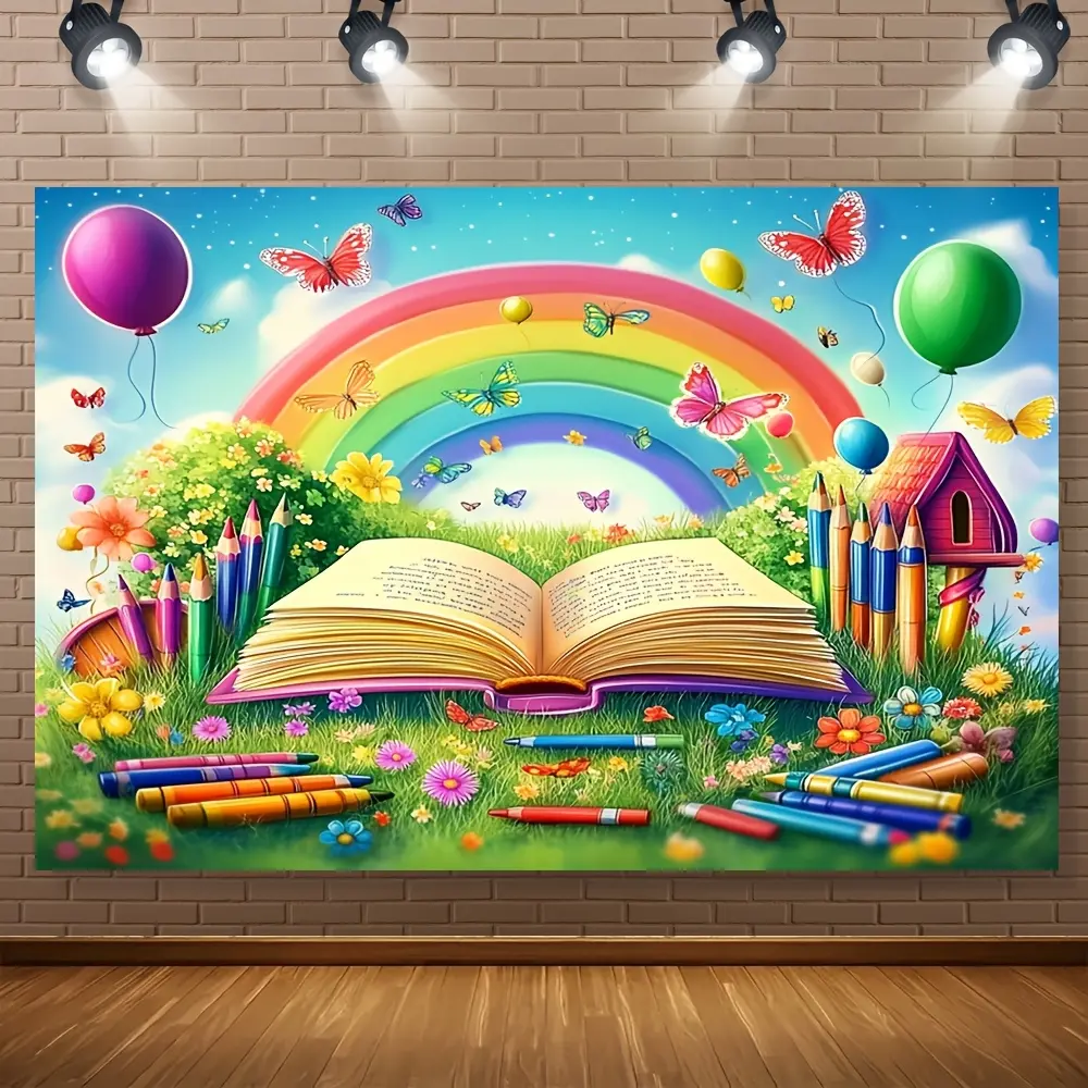 Rainbow Open Book School Backdrop, Educational Theme Banner with Colorful Learning Design for Classroom Decor, Spring Parties, Photography, Home and Studio Backgrounds