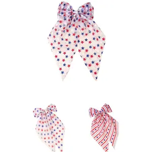 Premium Large Tulle Bow Spring Barrettes Star Print Patriotic Red White Blue Hair Clips Hot Selling American Independence Day Party Decor Hair Accessories For Women Girls