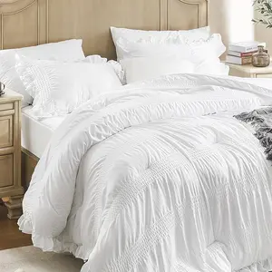 Full Comforter Set Seersucker 7 Pieces Luxury Ruffle Bed in a Bag Full Size for All Season White Bedding Set with Comforter, Pillowcases, Flat Sheet, Fitted Sheet and Pillow Shams