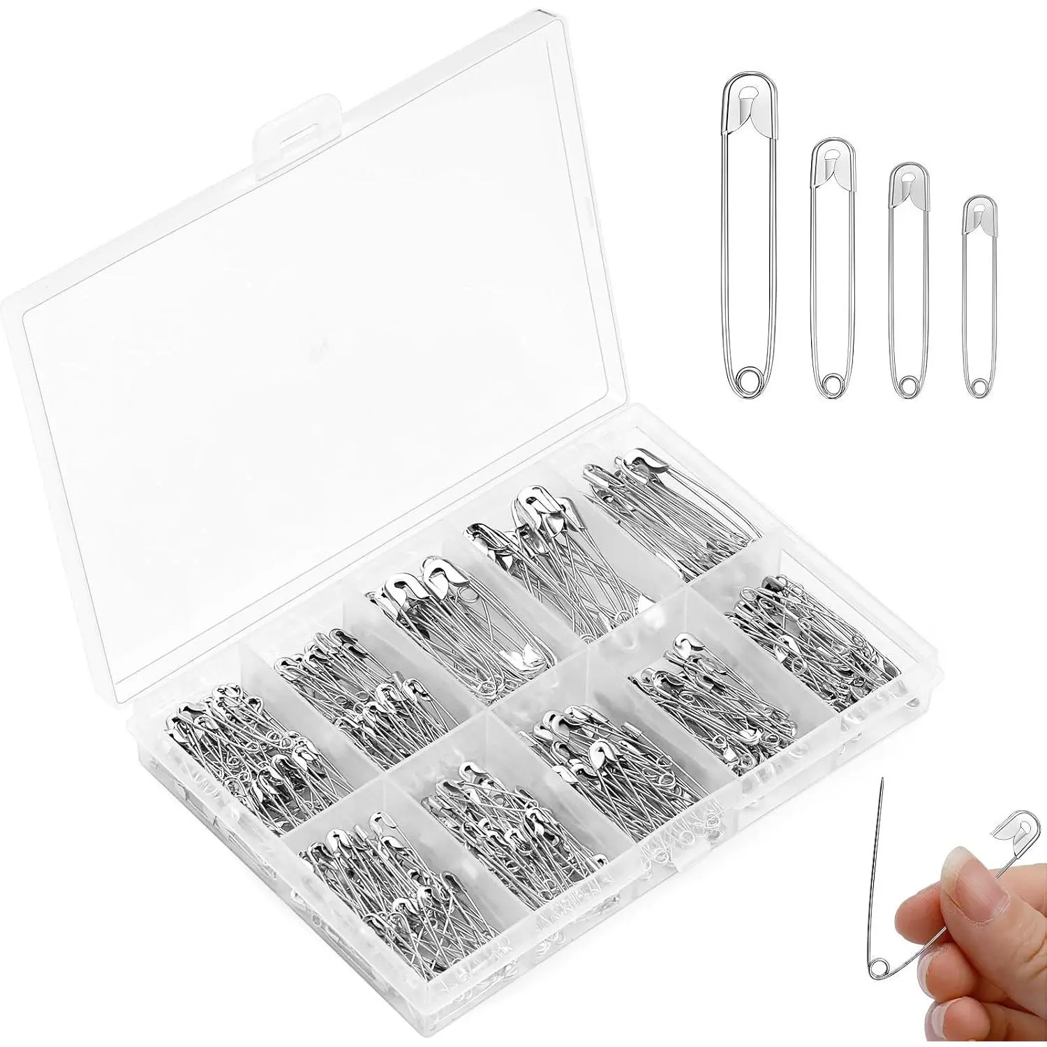 350 count Safety Pins, 4 Sizes  Small and Large Heavy Duty Safety Pins for Clothes, Nickel Plated Steel Pins Bulk for Clothes, Sewing, Craft