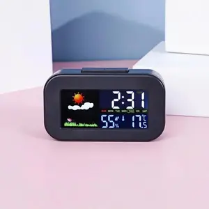 Mini Digital Alarm Clock with Backlight, Weather Forecast, Temperature, Humidity & Week Display - Plastic LED Home Decor Clock for Living Room