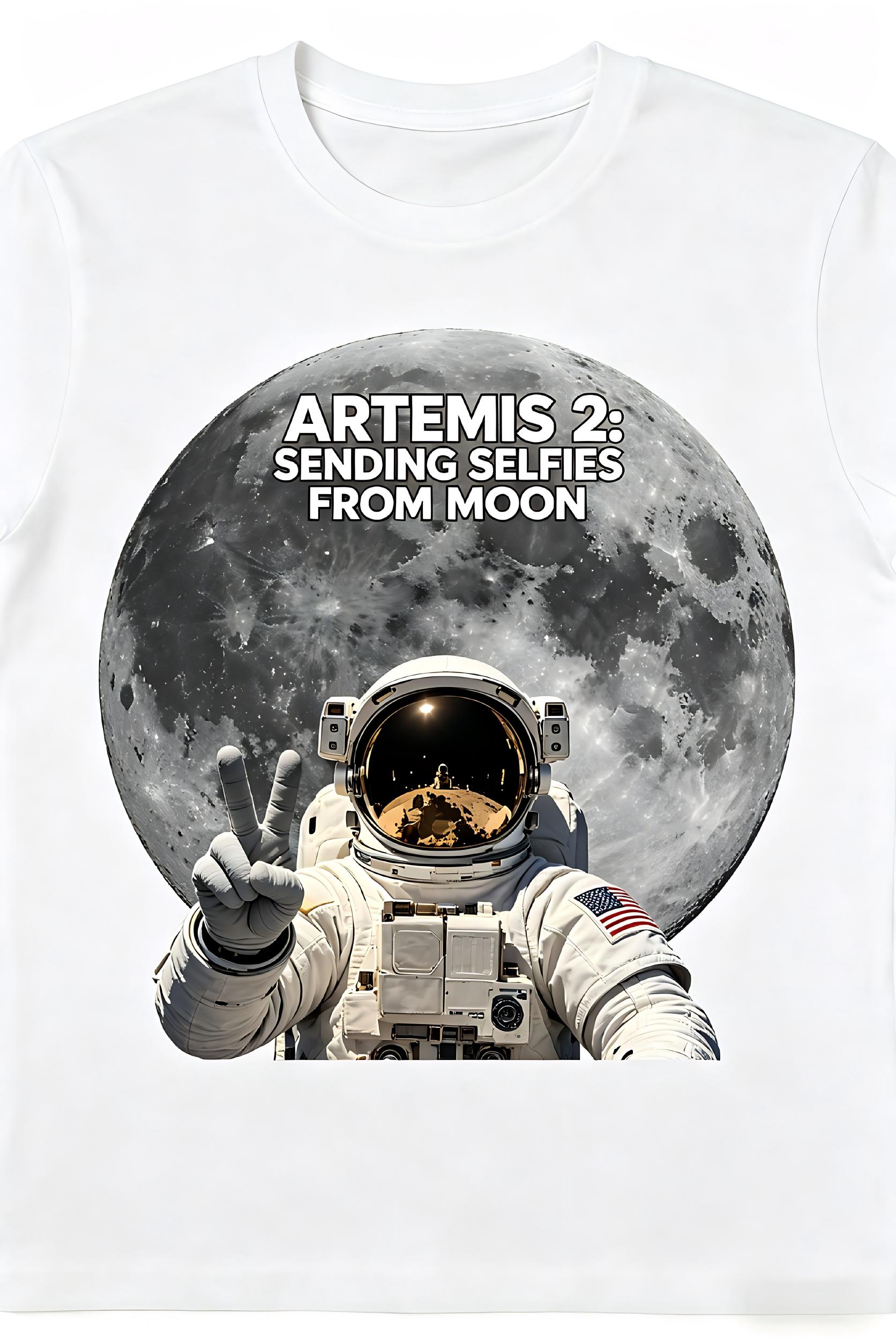 Artemis 2 Astronaut Moon Selfie White T-Shirt, Sending Selfies From Moon Graphic Tee, NASA Space Mission Shirt, Space Enthusiast Gift, Astronaut Tee