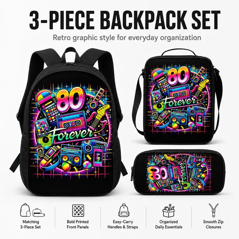 80s retro trend three-piece set: backpack + pencil case + small square bag, featuring neon color print design, including elements like "80 Forever," cassette tape recorder, guitar, etc., suitable for students' daily commute
