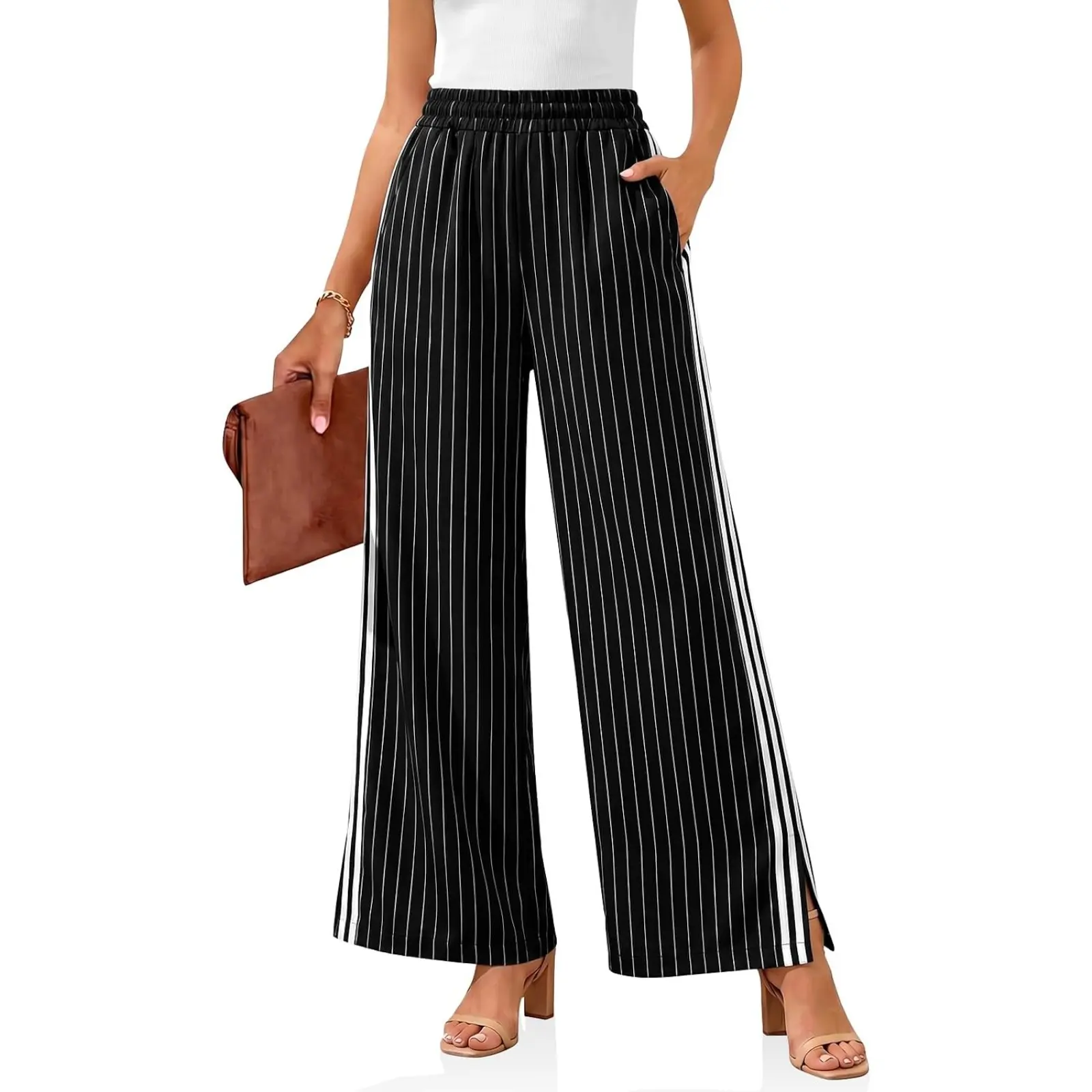 Cicy Bell Womens Palazzo Striped Pants Wide Leg High Waisted Baggy Business Casual Side Split Elastic Y2K Lounge Trousers