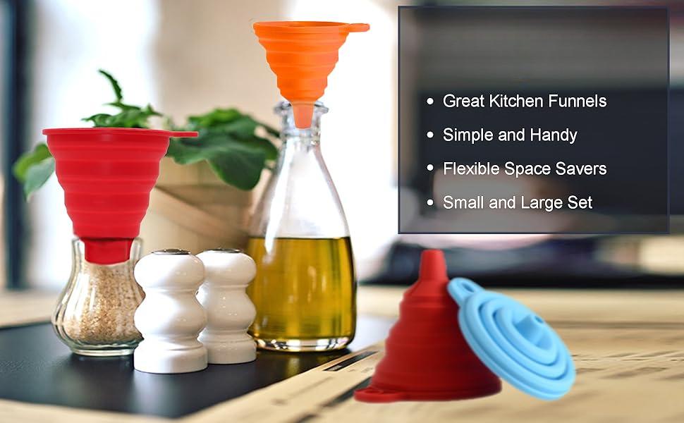 Kitchen Funnel Set 4 Pack, Small and Large, Gadgets Accessories Foldable Silicone Collapsible Funnels for Filling Water Bottle Liquid Transfer Food Grade Kitchen Funnel Set 4 Pack, Small and Large, Gadgets Accessories Foldable Silicone Collapsible Funnels for Filling Water Bottle Liquid Transfer Food Grade